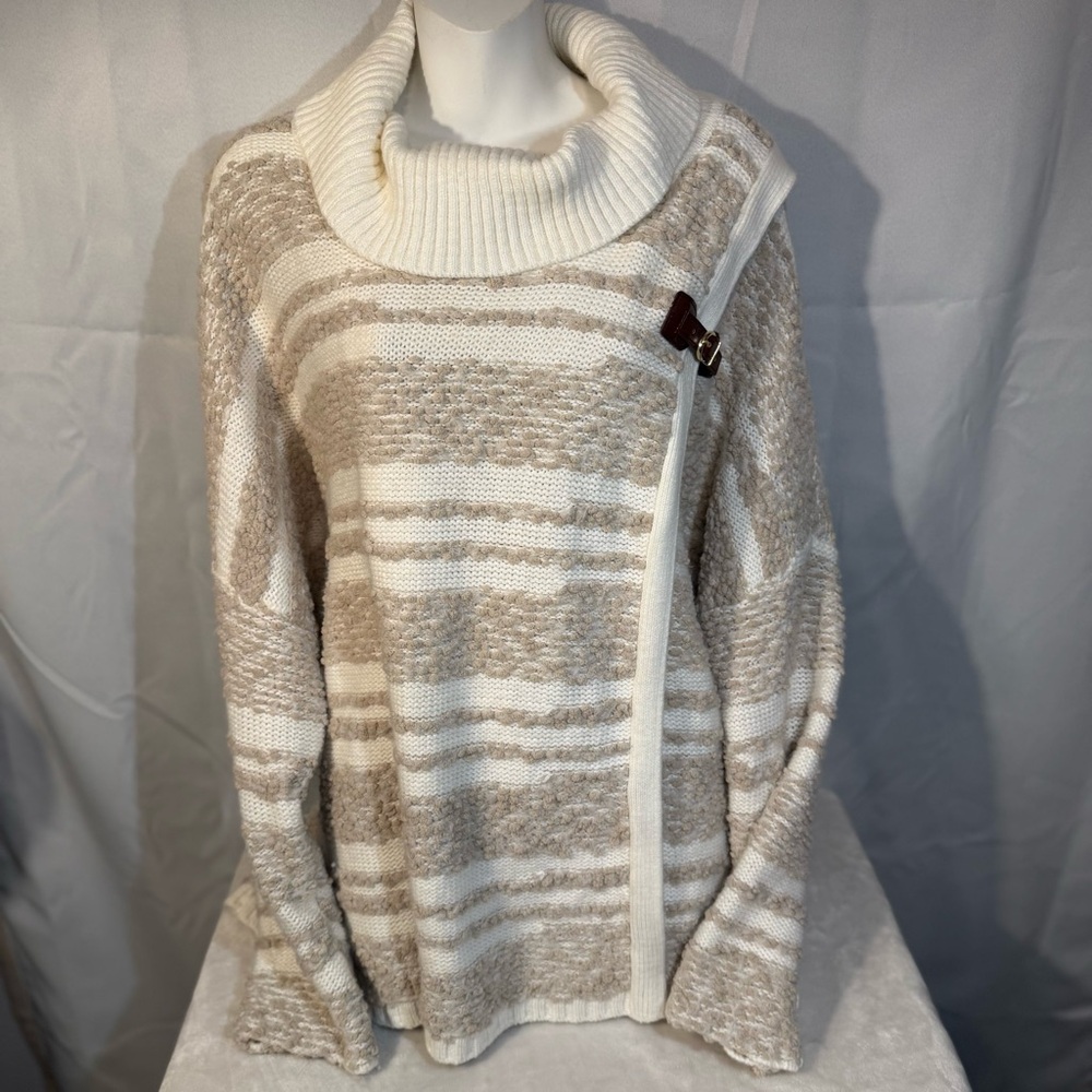 Calvin Klein Womens Cowl Neck Knit Sweater Buckle Detail Cream L/XL